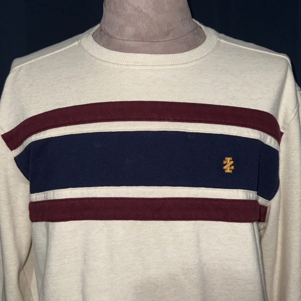 Izod Men's Cream Sweater with Navy and Burgundy Stripes - Picture 5 of 6